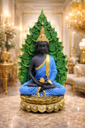 RIVA DECOR Meditating Buddha Statue Showpiece – Premium Polyresin Idol with Golden Base & Leaf Back | Spiritual Home Decor & Gift