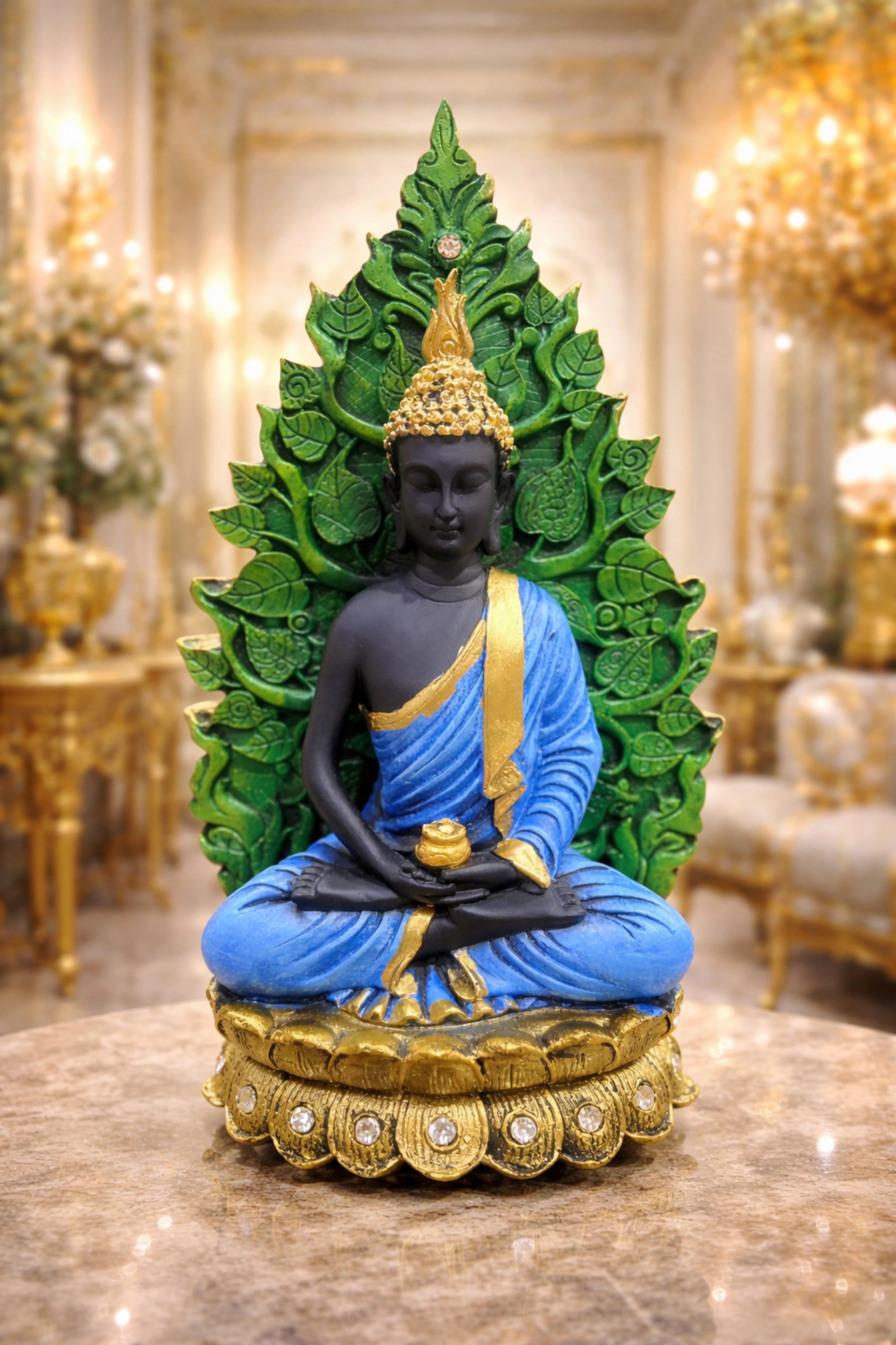 RIVA DECOR Meditating Buddha Statue Showpiece – Premium Polyresin Idol with Golden Base & Leaf Back | Spiritual Home Decor & Gift