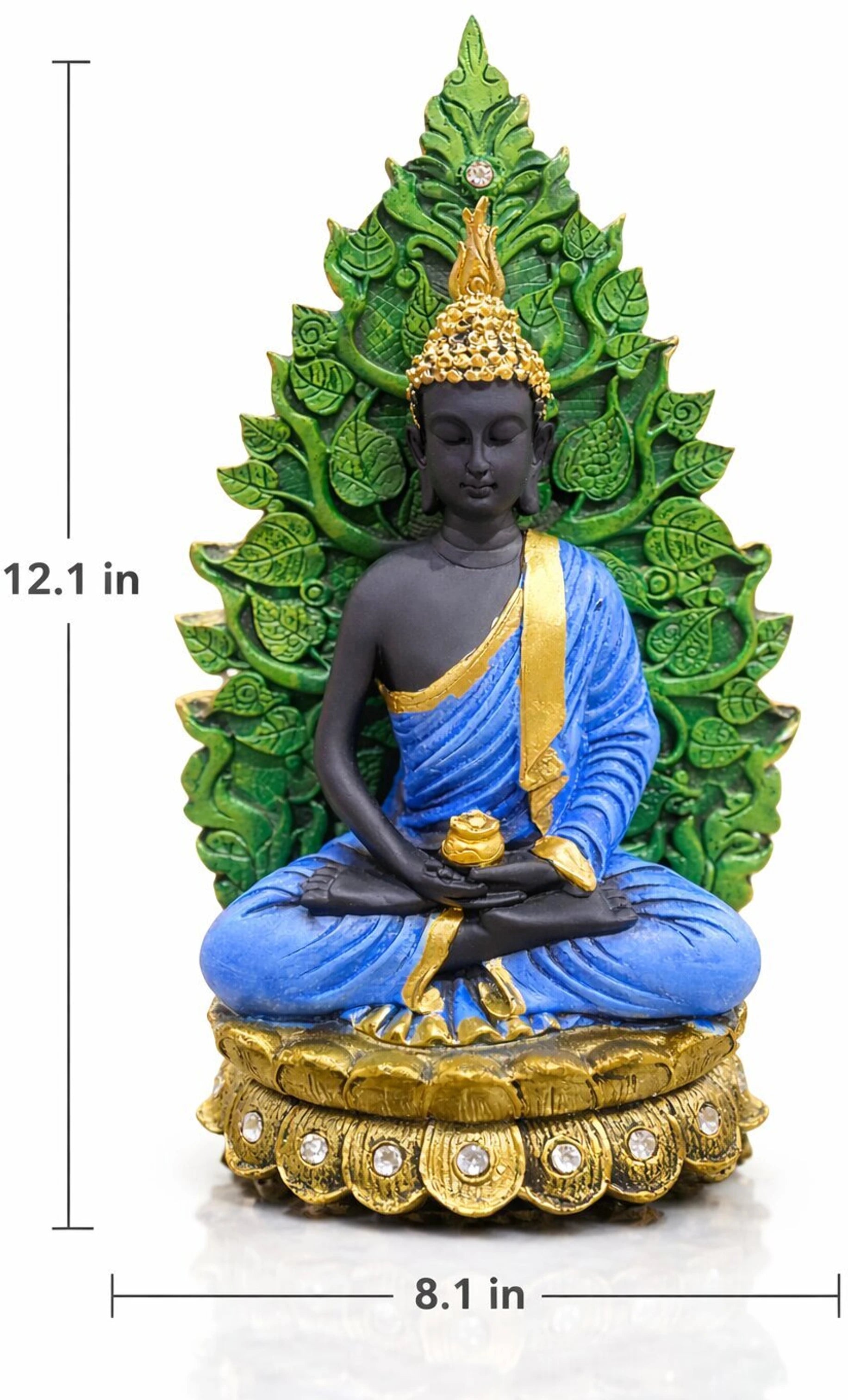 RIVA DECOR Meditating Buddha Statue Showpiece – Premium Polyresin Idol with Golden Base & Leaf Back | Spiritual Home Decor & Gift