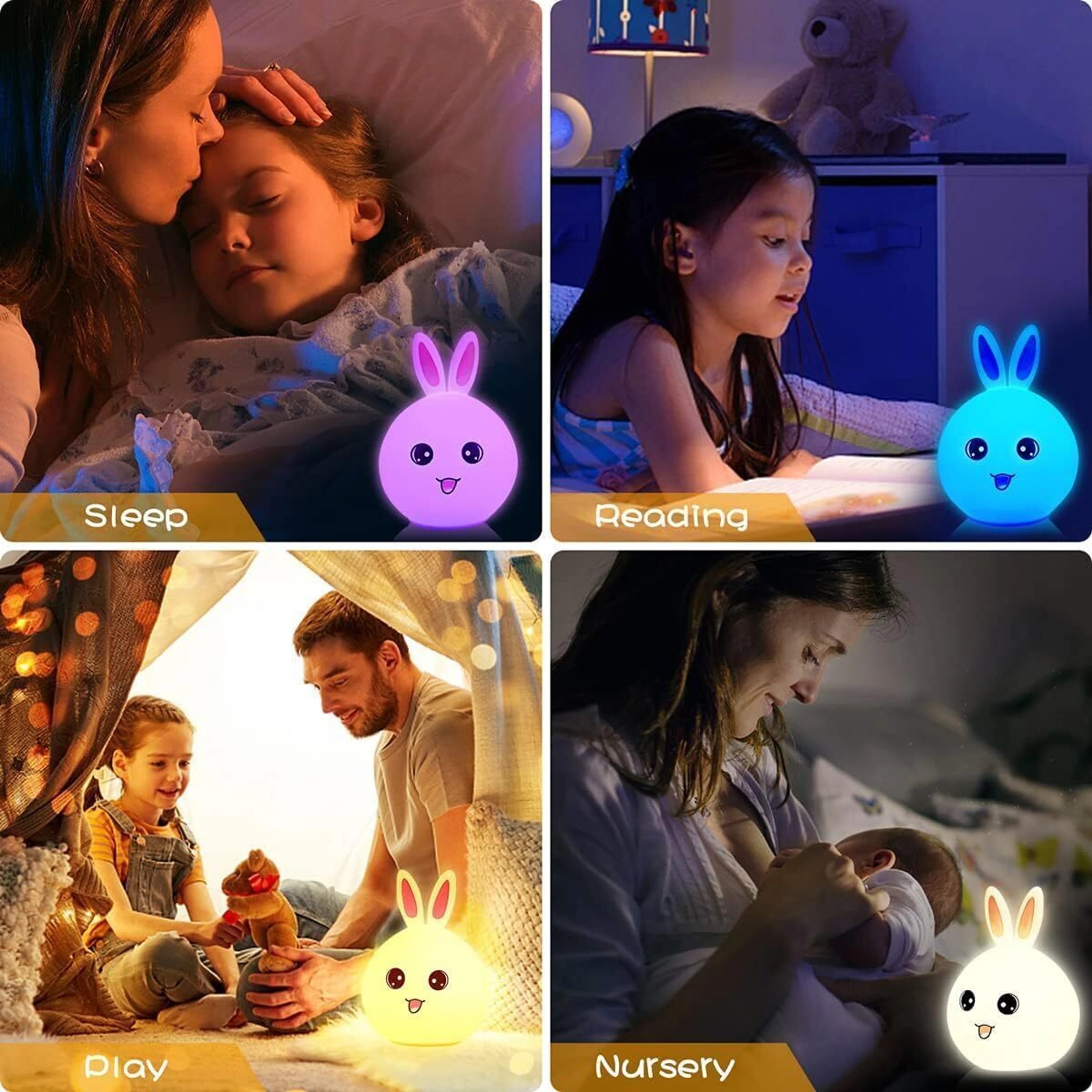 RIVAdecoration® Cute Bunny LED Night Lamp | Soft Silicone Rechargeable Kids Bedside Light | Warm Glow Dimmable Night Light for Bedroom, Nursery & Gift