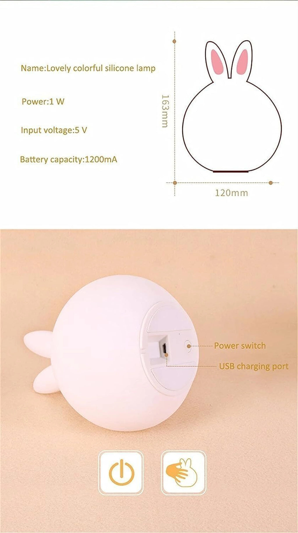 RIVAdecoration® Cute Bunny LED Night Lamp | Soft Silicone Rechargeable Kids Bedside Light | Warm Glow Dimmable Night Light for Bedroom, Nursery & Gift