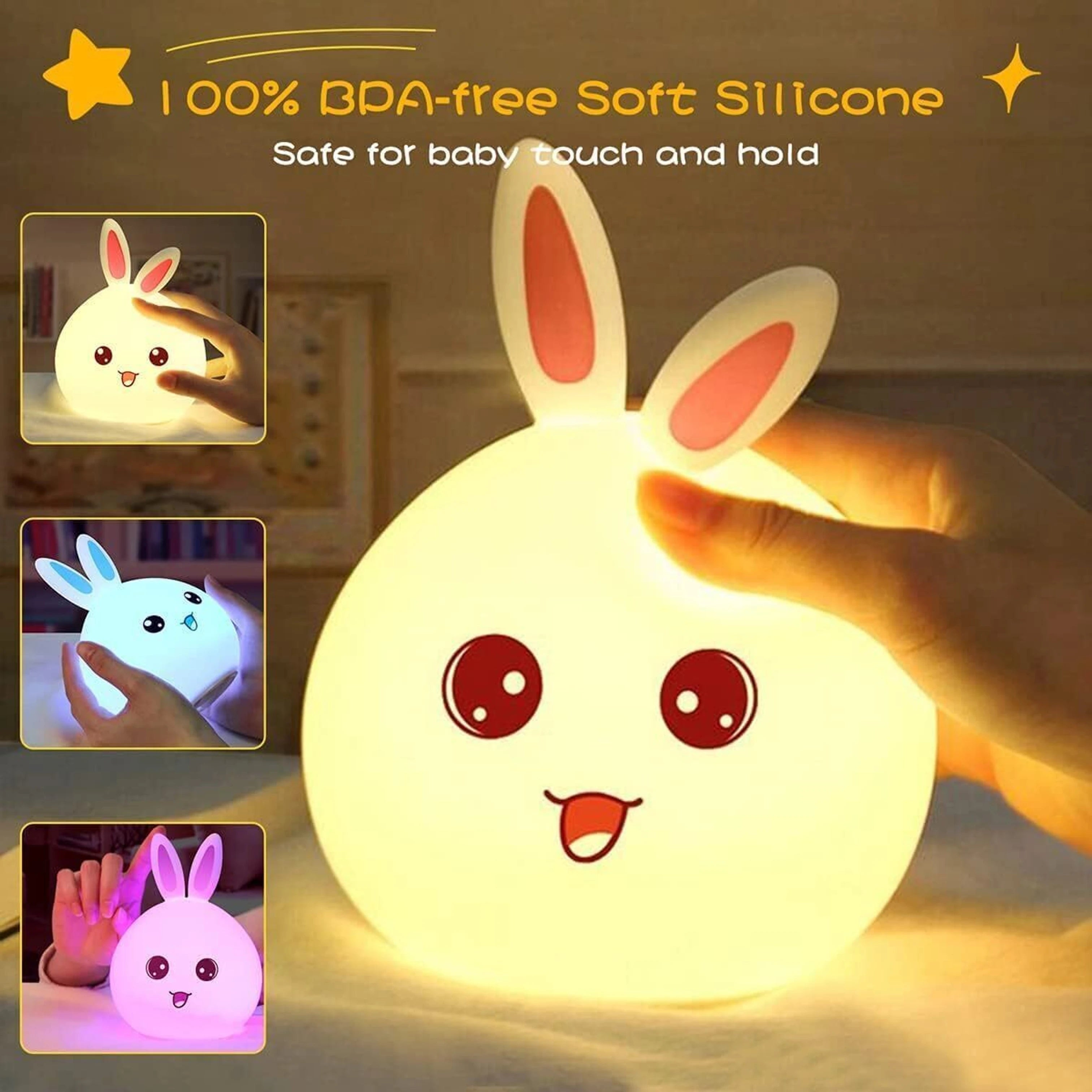 RIVAdecoration® Cute Bunny LED Night Lamp | Soft Silicone Rechargeable Kids Bedside Light | Warm Glow Dimmable Night Light for Bedroom, Nursery & Gift