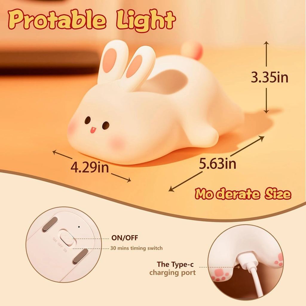 RIVAdecoration® Cute Bunny Silicone Night Lamp | Rechargeable LED Bedside Light | Soft Touch Dimmable Kids Night Lamp for Bedroom & Gift