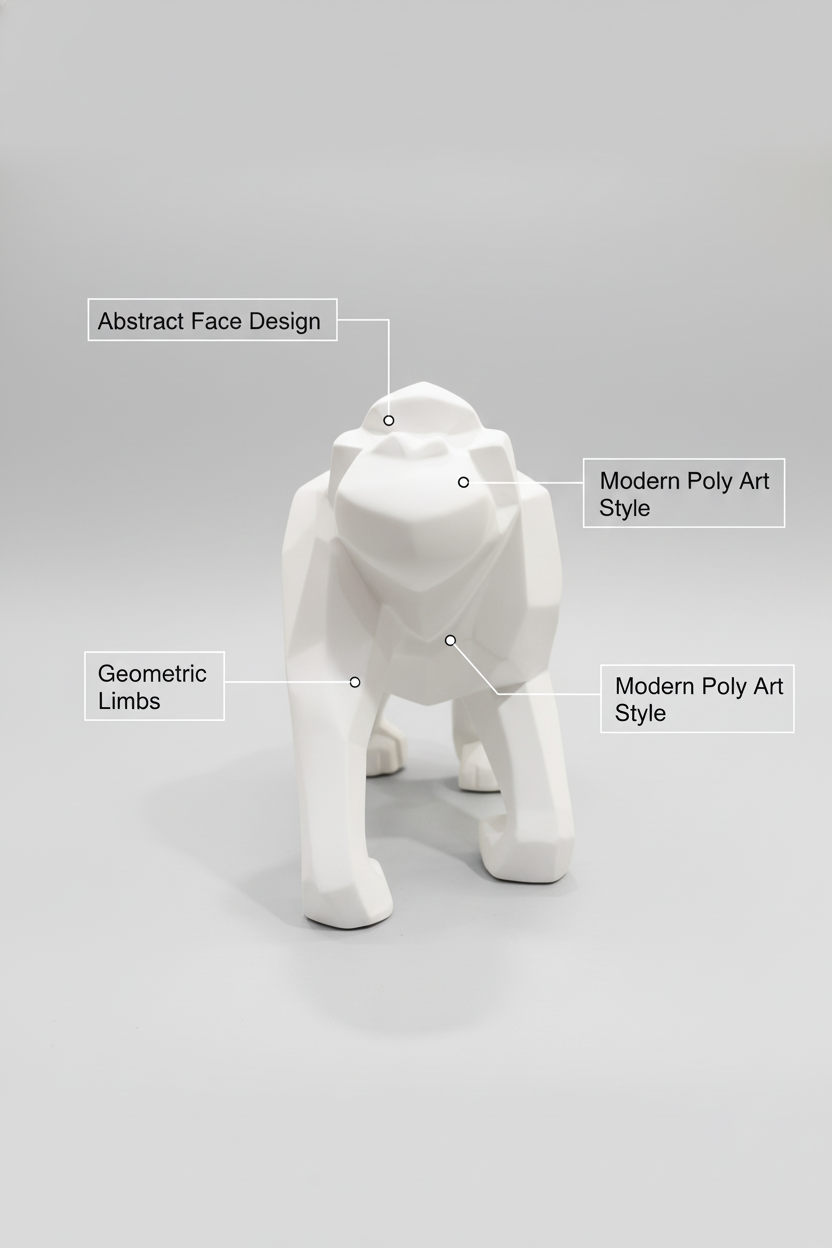 Geometric Gorilla Sculpture for Modern Home Decor, Abstract White Polyresin Animal Figurine for Living Room Tabletop Office Desk