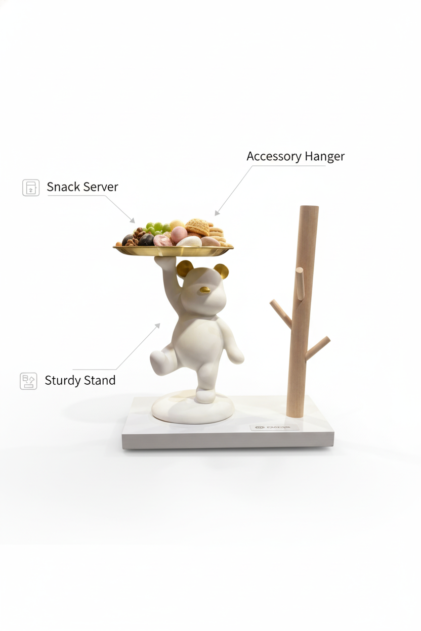 Modern White Bear Figurine Snack Tray & Wooden Tree Branch Key Holder Stand, Resin Decorative Showpiece for Home Living Room Office Desk, Entryway Table Organizer Accent