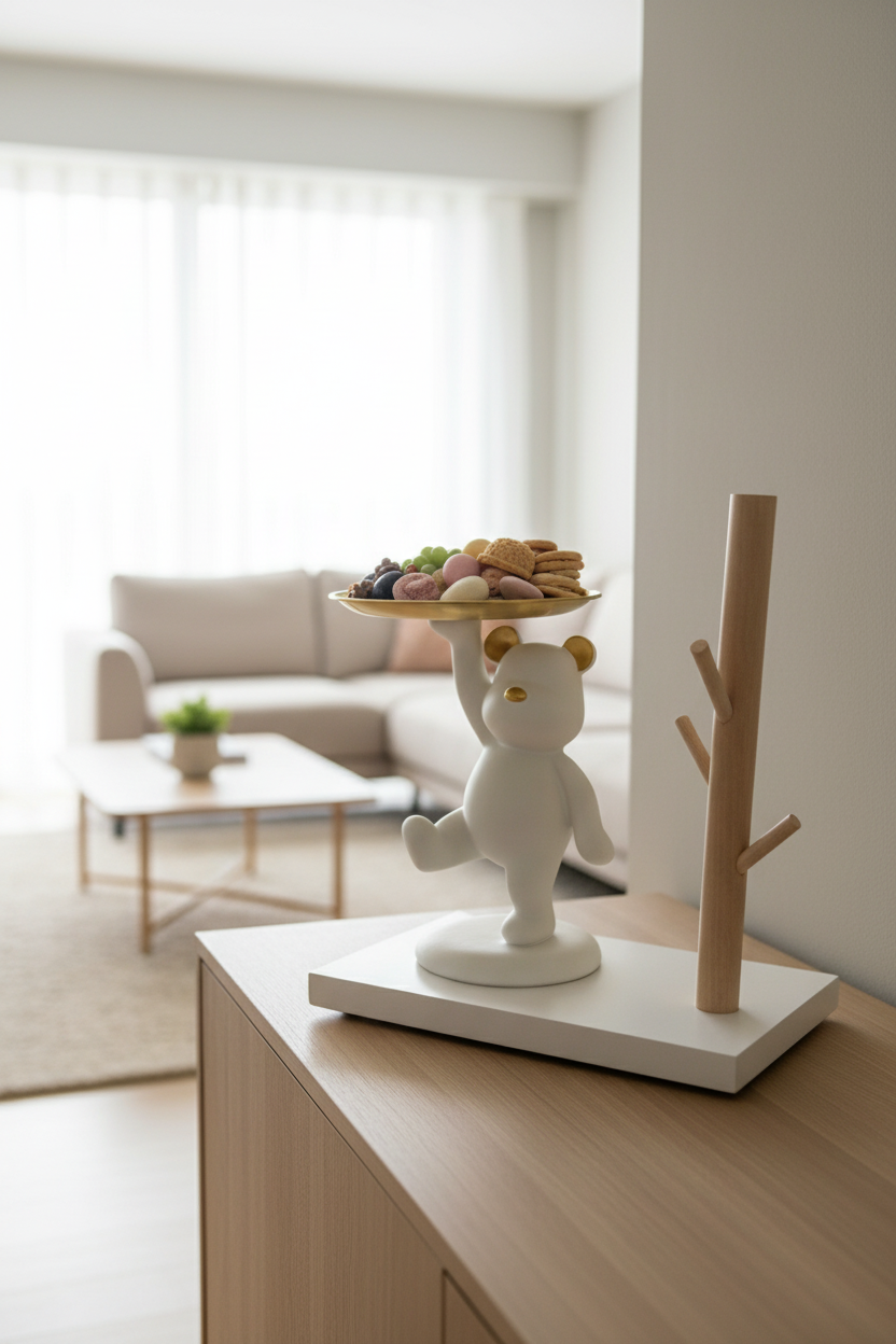 Modern White Bear Figurine Snack Tray & Wooden Tree Branch Key Holder Stand, Resin Decorative Showpiece for Home Living Room Office Desk, Entryway Table Organizer Accent