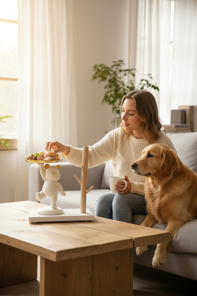 Modern White Bear Figurine Snack Tray & Wooden Tree Branch Key Holder Stand, Resin Decorative Showpiece for Home Living Room Office Desk, Entryway Table Organizer Accent